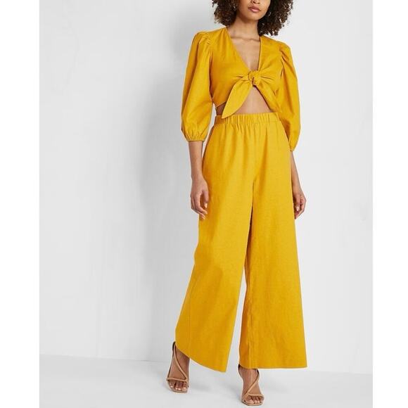 Express High Waisted Linen Blend Pull On Wide Leg Pant Women’s Size Small Yellow - Picture 2 of 10